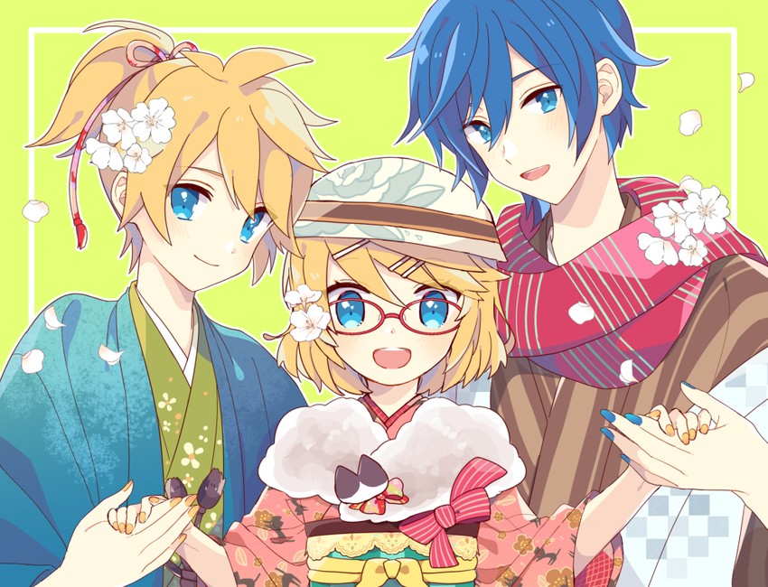 kagamine rin, kagamine len, and kaito (vocaloid) drawn by yoshiki