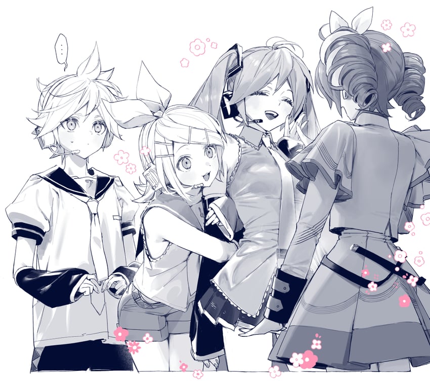 hatsune miku, kagamine rin, kagamine len, and kasane teto (vocaloid and 2 more) drawn by naoko_(naonocoto)