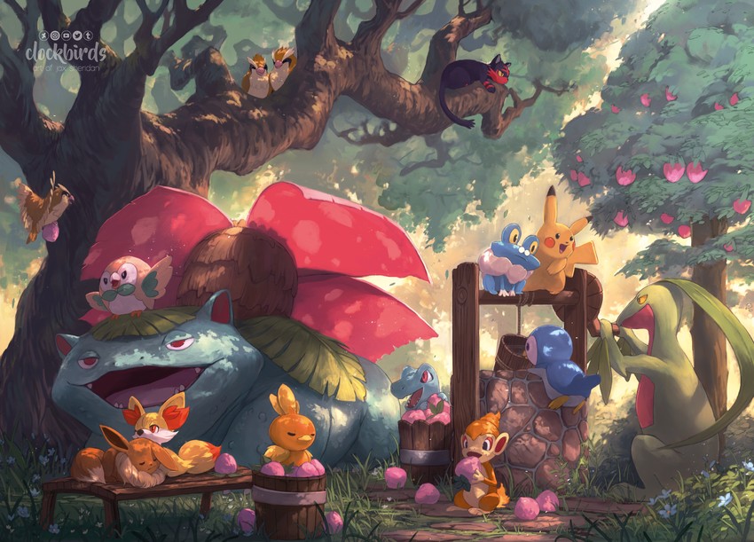 pikachu, eevee, rowlet, torchic, litten, and 8 more (pokemon) drawn by clockbirds