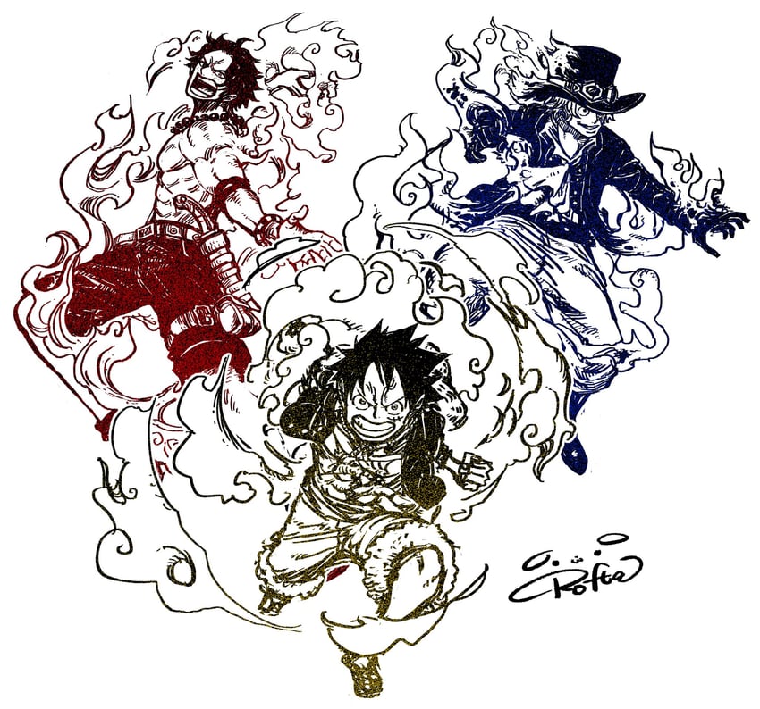 monkey d. luffy, portgas d. ace, and sabo (one piece) drawn by rofta_55
