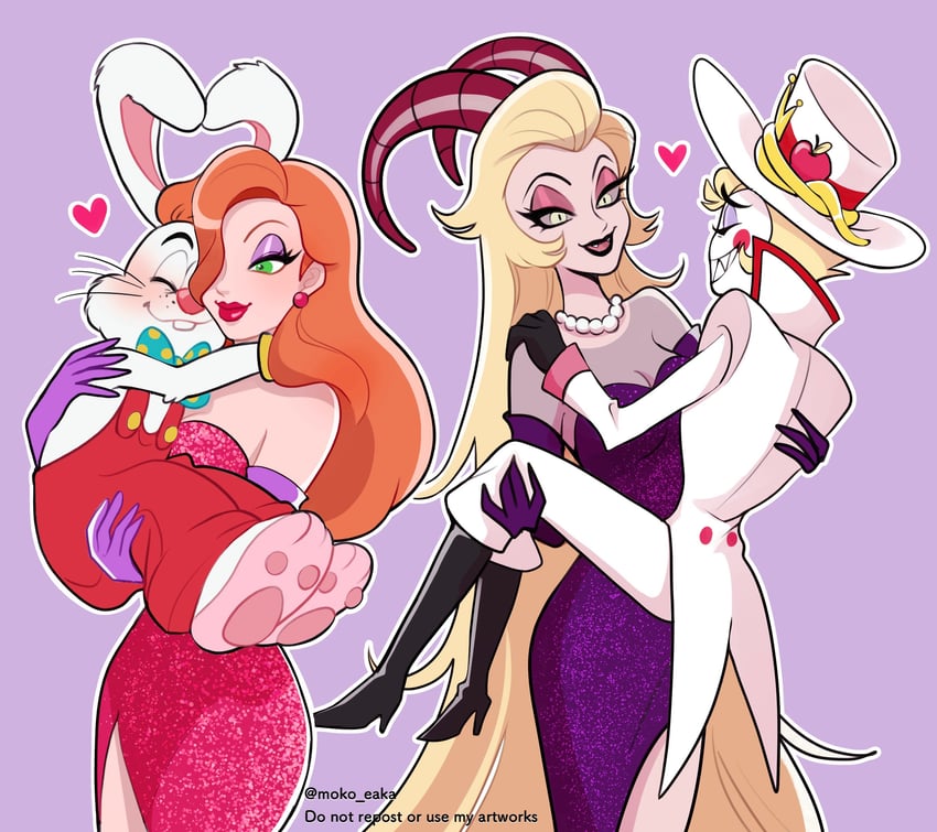 lucifer morningstar, lilith, jessica rabbit, and roger rabbit (hazbin hotel and 1 more) drawn by moko_eaka