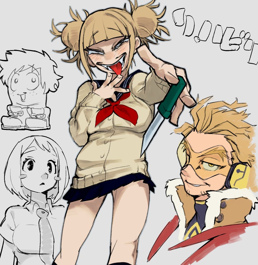 midoriya izuku, uraraka ochaco, toga himiko, and hawks (boku no hero academia) drawn by yuuo_(tmdaxx)