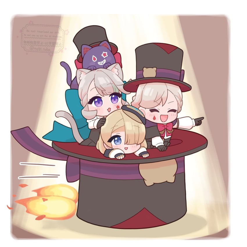 lynette, lyney, freminet, and rosseland (genshin impact) drawn by nobinoba