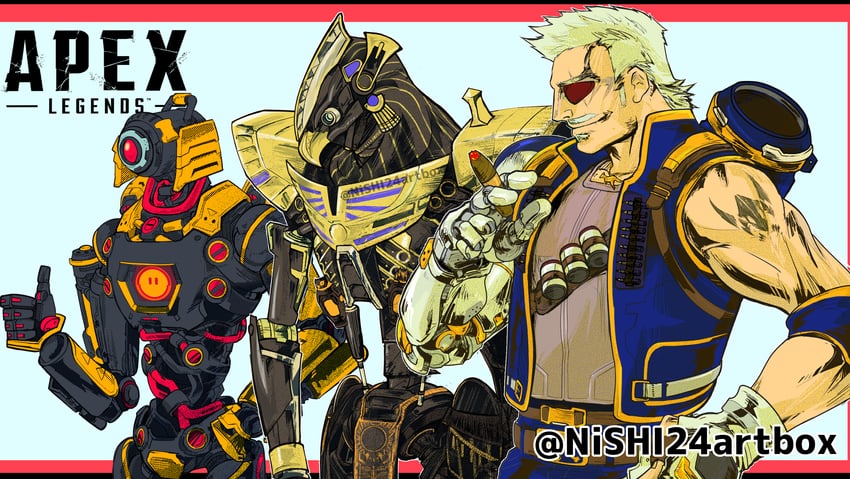 revenant, pathfinder, fuse, shadow on the sun revenant, and war path pathfinder (apex legends) drawn by nishi24_(hiroki_nishi)