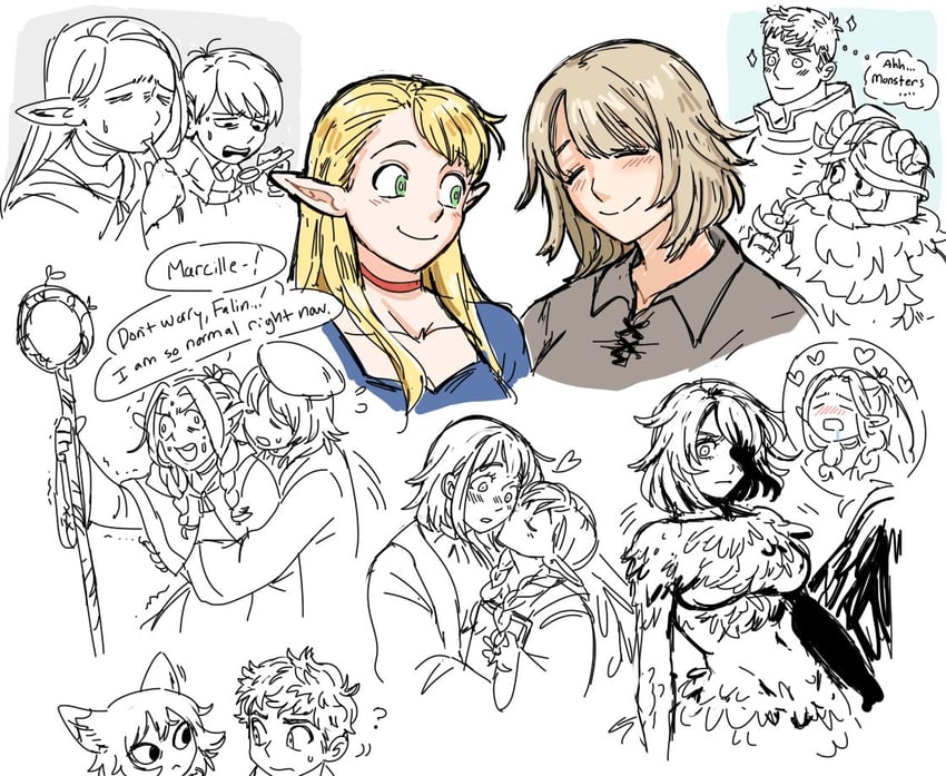 marcille donato, falin touden, laios touden, senshi, kabru, and 2 more (dungeon meshi) drawn by dashingicecream