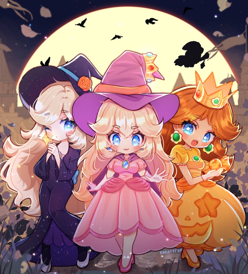 princess peach, rosalina, princess daisy, and kamek (mario and 2 more) drawn by mushroom_bread