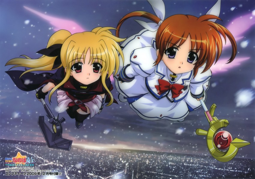 fate testarossa, takamachi nanoha, raising heart, and bardiche (lyrical nanoha and 3 more) drawn by kinako_hiro