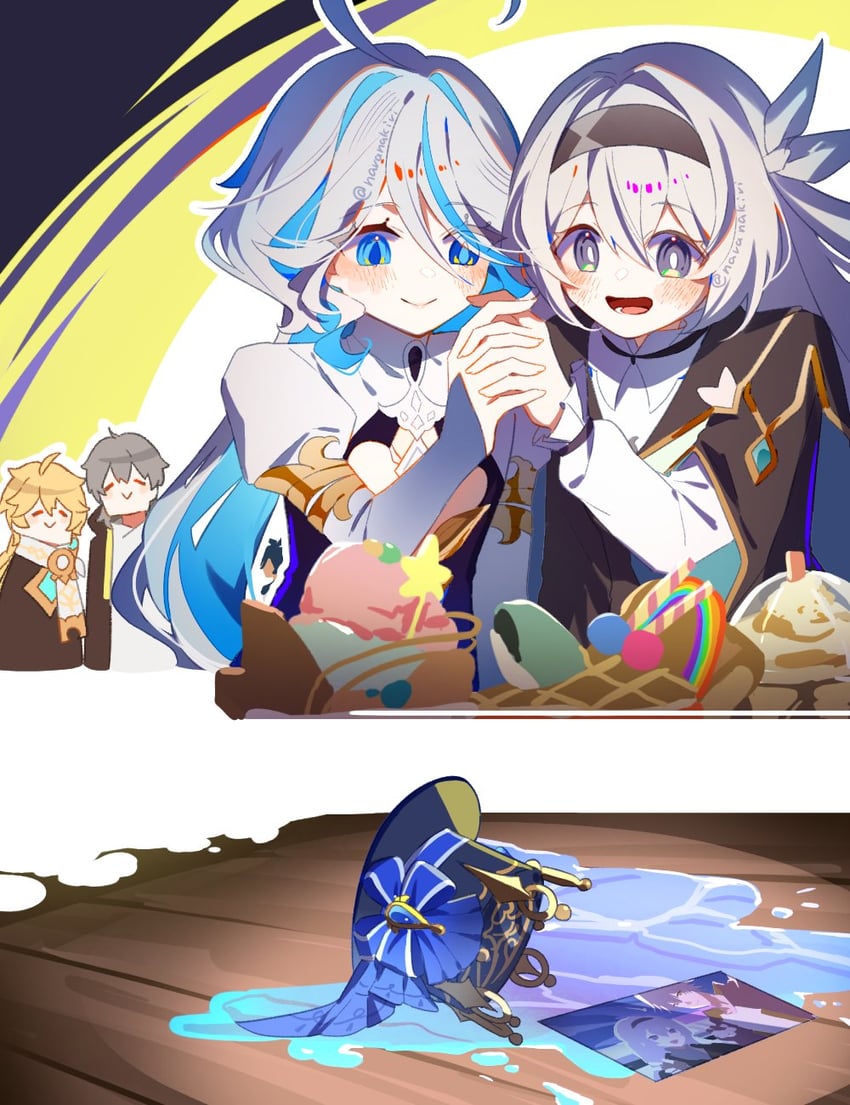 trailblazer, firefly, aether, furina, caelus, and 1 more (genshin impact and 3 more) drawn by nara_nakiri