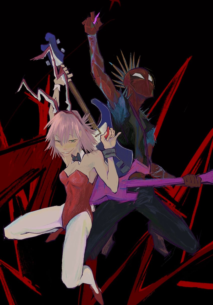 haruhara haruko and spider-punk (marvel and 4 more) drawn by spazo_9208