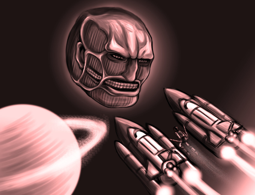 eren yeager, titan, and colossal titan (shingeki no kyojin) drawn by thaumana