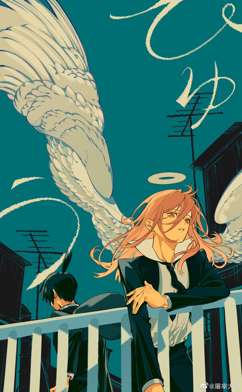 hayakawa aki and angel devil (chainsaw man) drawn by tuzaixia