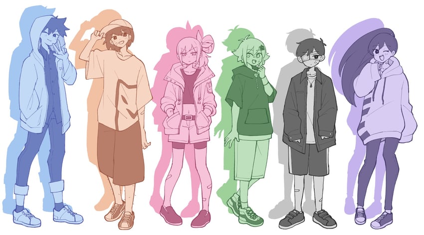 sunny, basil, aubrey, kel, mari, and 1 more (omori) drawn by doroidsan