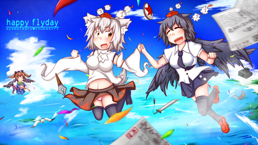 shameimaru aya, inubashiri momiji, kawashiro nitori, and himekaidou hatate (touhou) drawn by chickenman