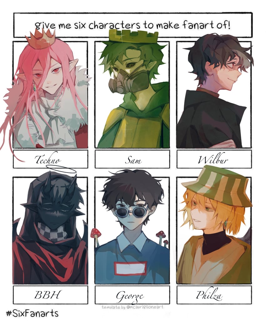 technoblade, wilbur soot, ph1lza, badboyhalo, georgenotfound, and 1 more (minecraft youtube and 1 more) drawn by vindalien