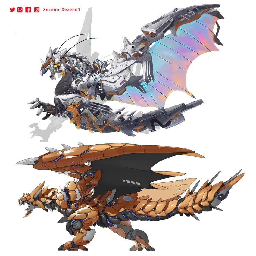 silver rathalos and gold rathian (monster hunter) drawn by xezeno