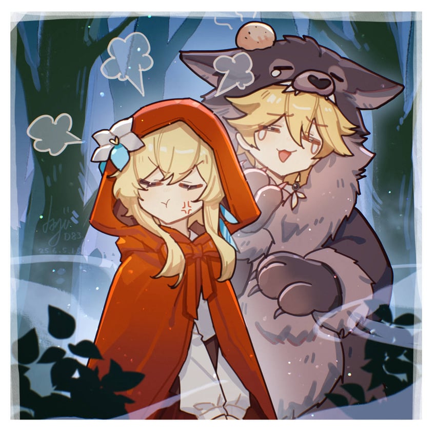 lumine, aether, little red riding hood, and big bad wolf (genshin impact and 1 more) drawn by ayiiiyiii