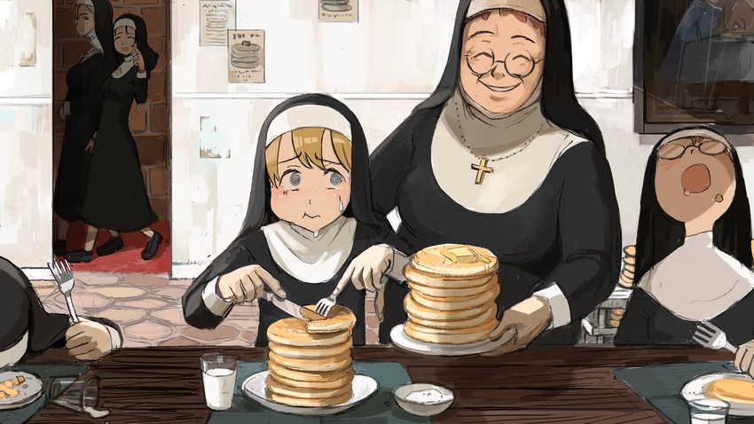 clumsy nun, strict nun, glasses nun, freckles nun, and pancake nun (little nuns) drawn by diva_(hyxpk)