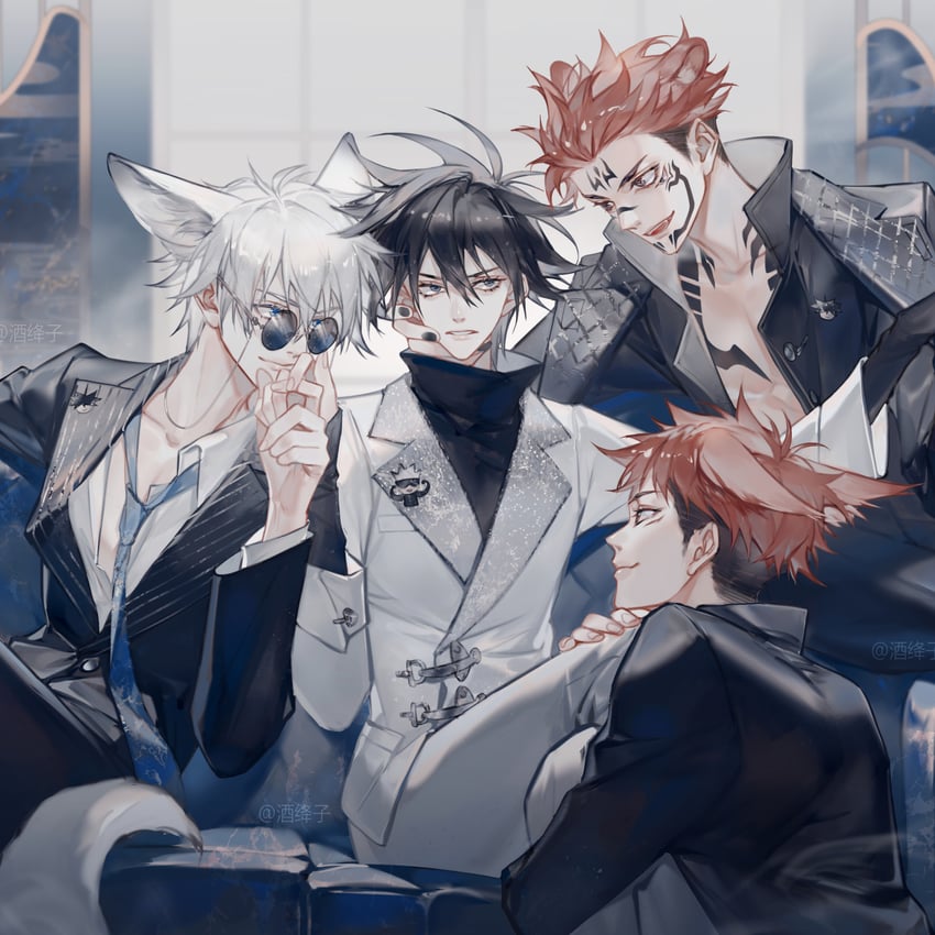 gojou satoru, itadori yuuji, fushiguro megumi, and ryoumen sukuna (jujutsu kaisen) drawn by jiujiangzi_benren