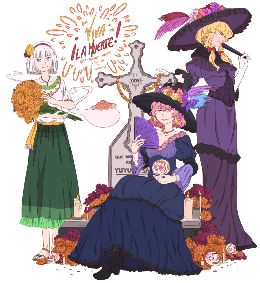 konpaku youmu, yakumo yukari, saigyouji yuyuko, and la catrina (touhou) drawn by mefomefo