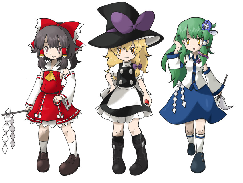 hakurei reimu, kirisame marisa, kochiya sanae, poliwag, and ekans (touhou and 1 more) drawn by magu
