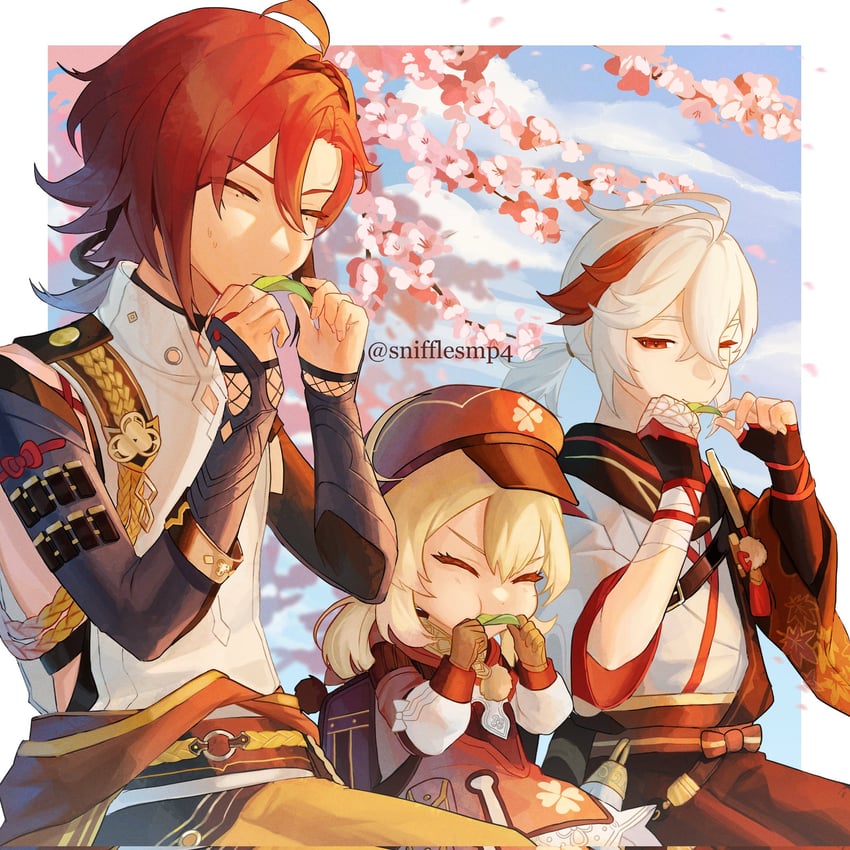 klee, kaedehara kazuha, and shikanoin heizou (genshin impact) drawn by snifflesmp4