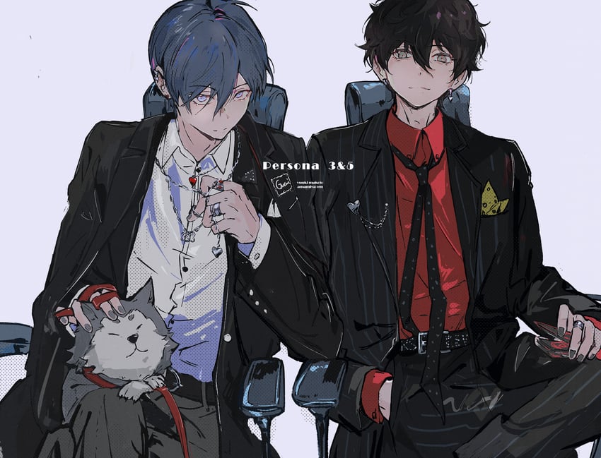 yuuki makoto, amamiya ren, and koromaru (persona and 2 more) drawn by ooc_(sylyaoh)