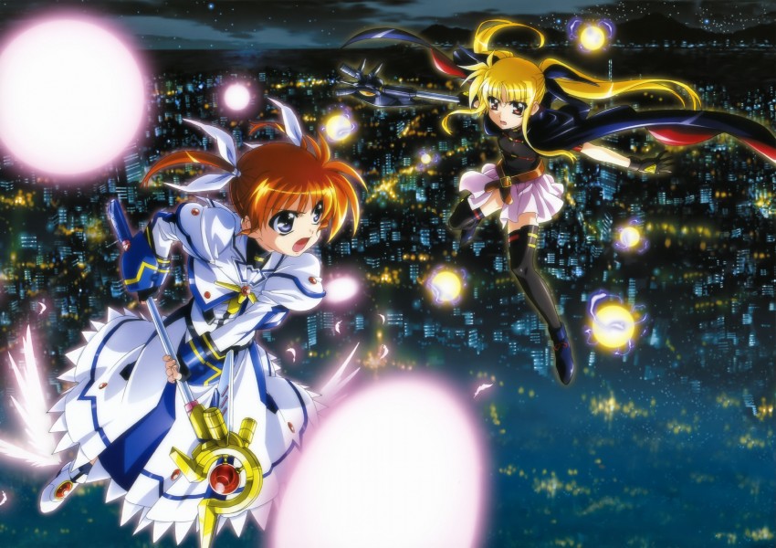 fate testarossa, takamachi nanoha, raising heart, and bardiche (lyrical nanoha and 2 more) drawn by okuda_yasuhiro