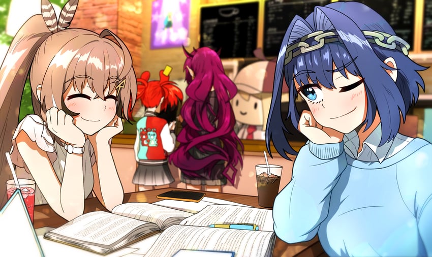 ouro kronii, nanashi mumei, watson amelia, hakos baelz, irys, and 1 more (hololive and 1 more) drawn by ddolbang