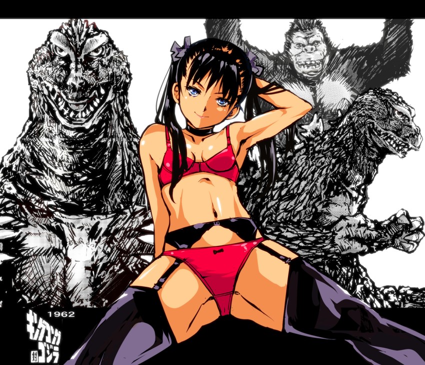 godzilla, king kong, and twintails girl (original and 2 more) drawn by kamisimo_90