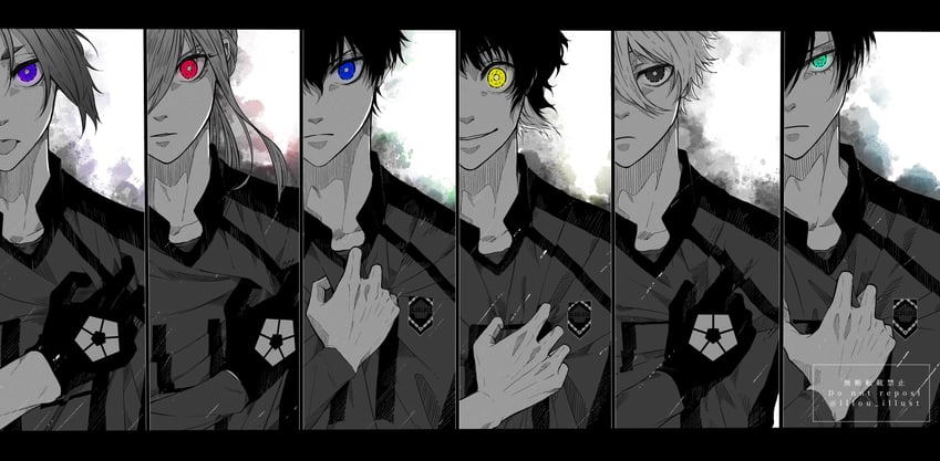 isagi yoichi, nagi seishirou, bachira meguru, mikage reo, itoshi rin, and 1 more (blue lock) drawn by lllou_illust