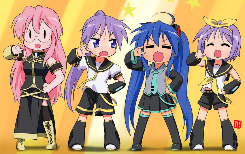 hatsune miku, kagamine rin, kagamine len, megurine luka, hiiragi kagami, and 3 more (vocaloid and 1 more) drawn by nagian
