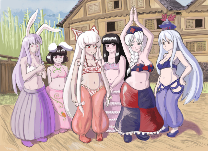 reisen udongein inaba, fujiwara no mokou, kamishirasawa keine, houraisan kaguya, inaba tewi, and 1 more (touhou) drawn by profitshame