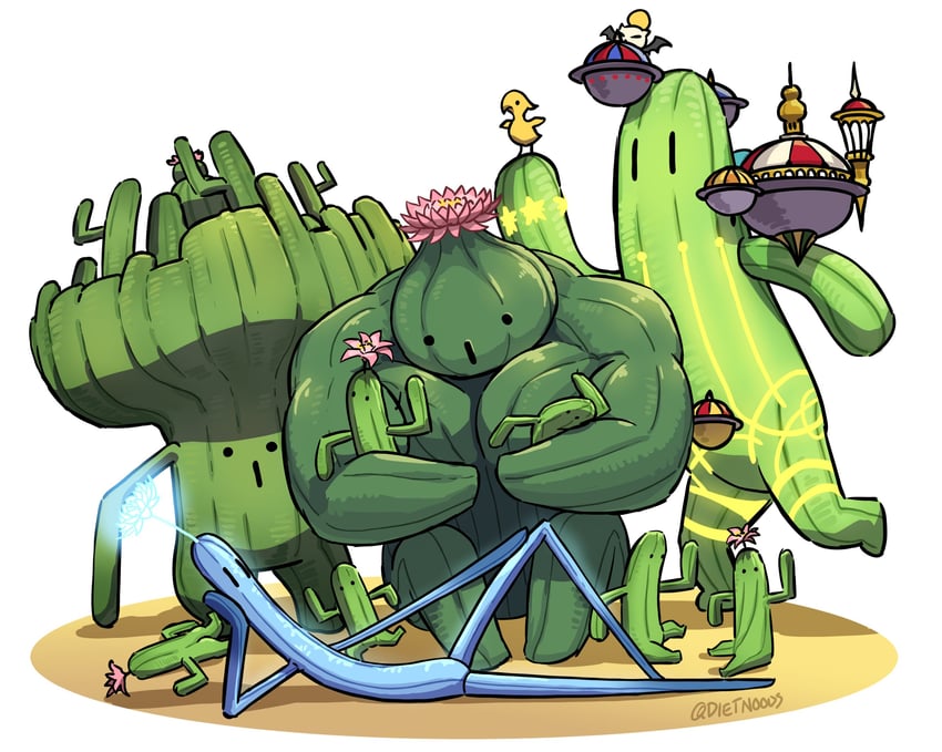 moogle, sabotender, lunatender, barreltender, gigantender, and 1 more (final fantasy and 1 more) drawn by dietnoods