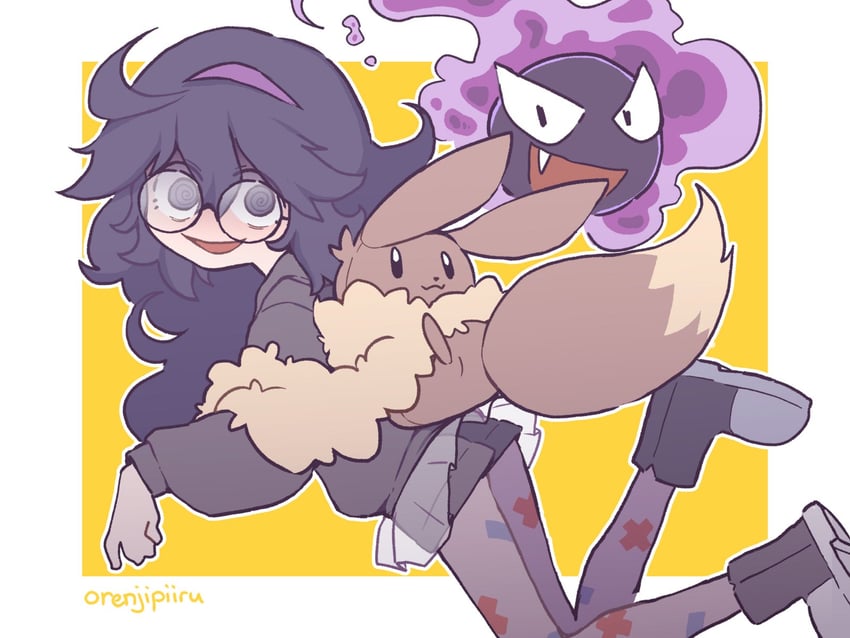 eevee, hex maniac, penny, and gastly (pokemon and 2 more) drawn by orenjipiiru