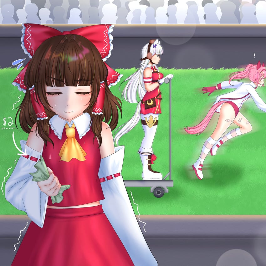 hakurei reimu, gold ship, and haru urara (touhou and 1 more) drawn by kitty_(3kittie9)