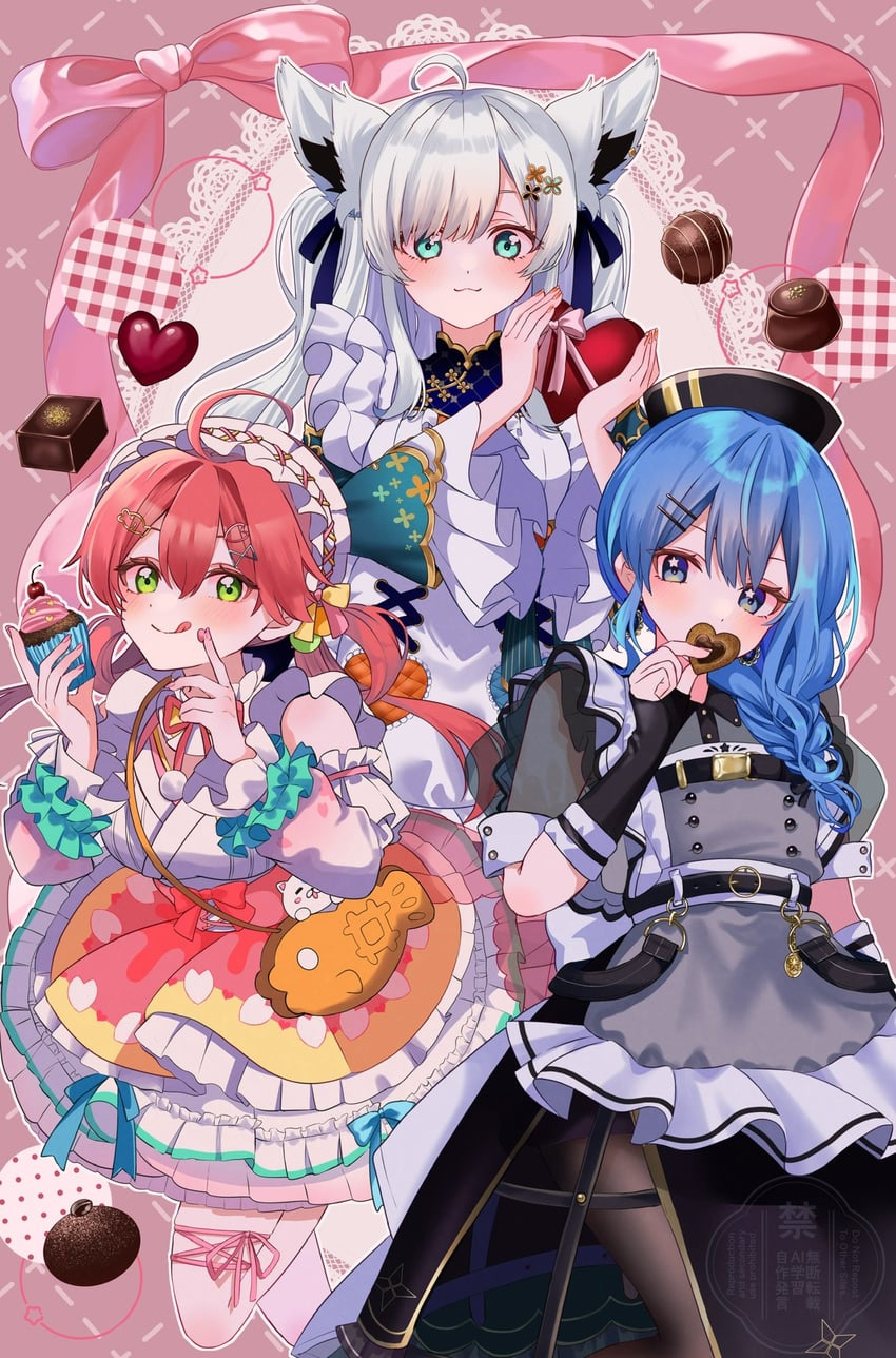 shirakami fubuki, hoshimachi suisei, and sakura miko (hololive) drawn by mimori_hiyoko