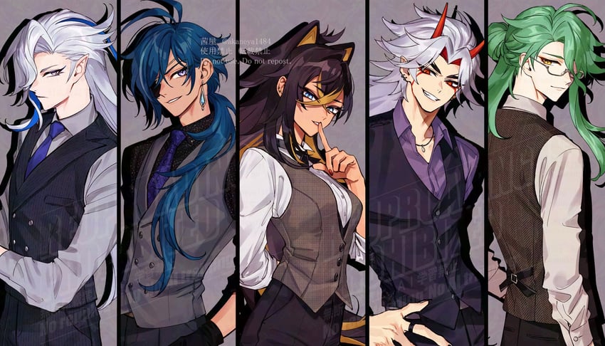 kaeya, neuvillette, dehya, arataki itto, and baizhu (genshin impact) drawn by ojo_aa