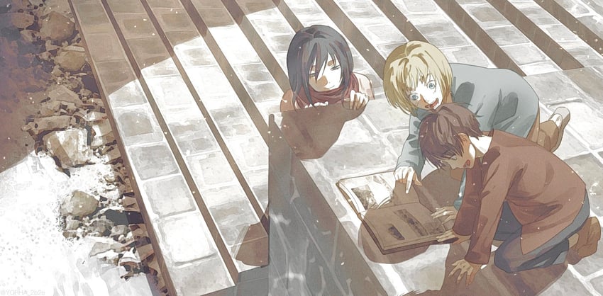 mikasa ackerman, eren yeager, and armin arlert (shingeki no kyojin) drawn by yorha_2b2e
