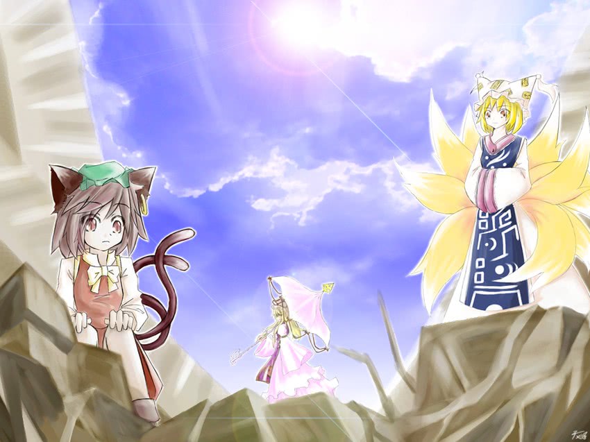 yakumo yukari, yakumo ran, and chen (touhou) drawn by milksea
