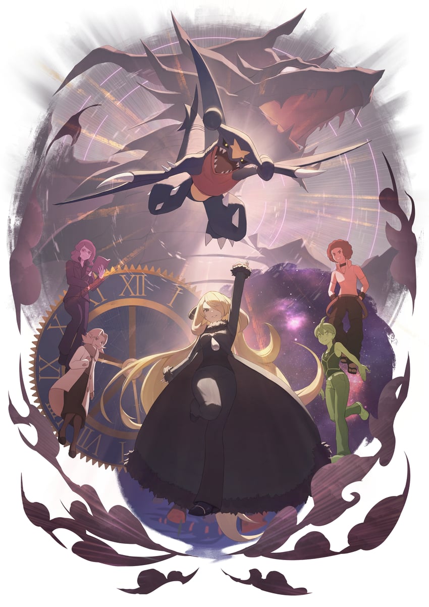 cynthia, garchomp, flint, lucian, aaron, and 1 more (pokemon and 1 more) drawn by odd_(hin_yari)