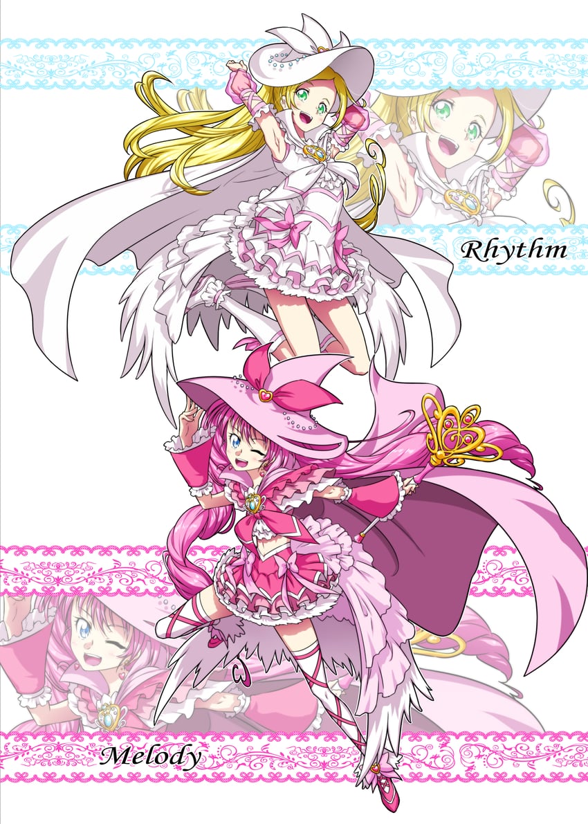 houjou hibiki, minamino kanade, cure melody, and cure rhythm (precure and 2 more) drawn by matatabi_(karukan222)