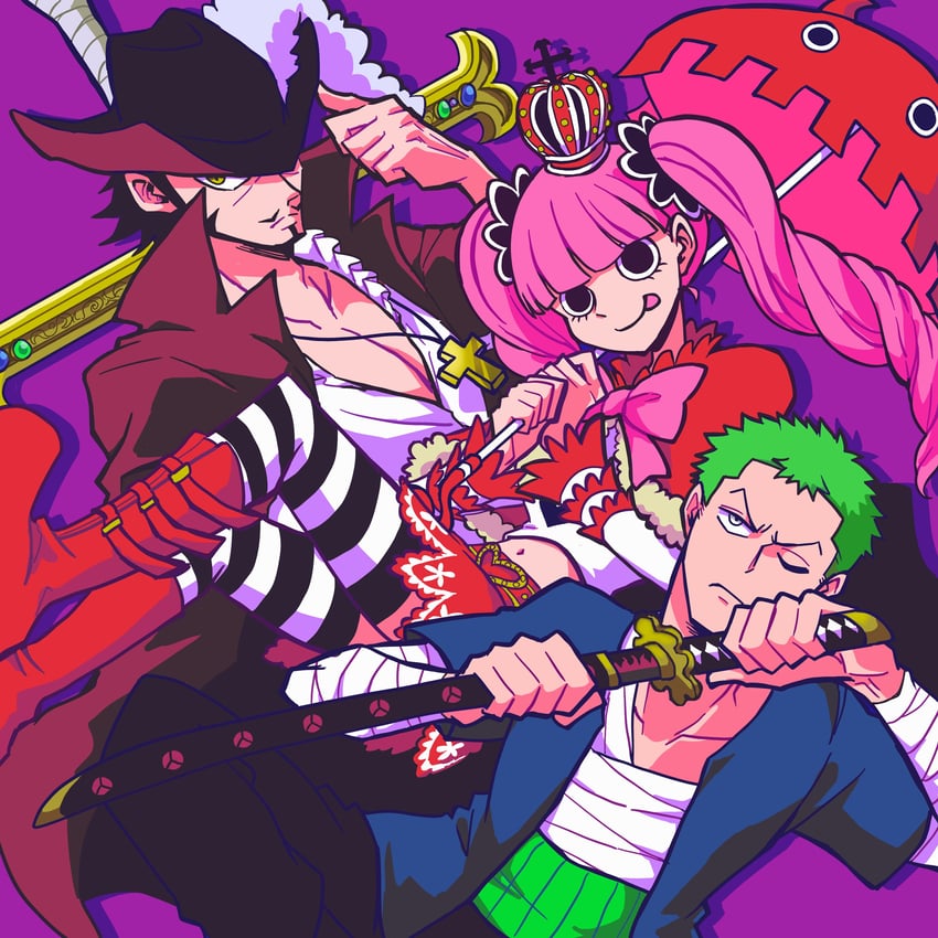 roronoa zoro, perona, and dracule mihawk (one piece) drawn by shiroh1000be