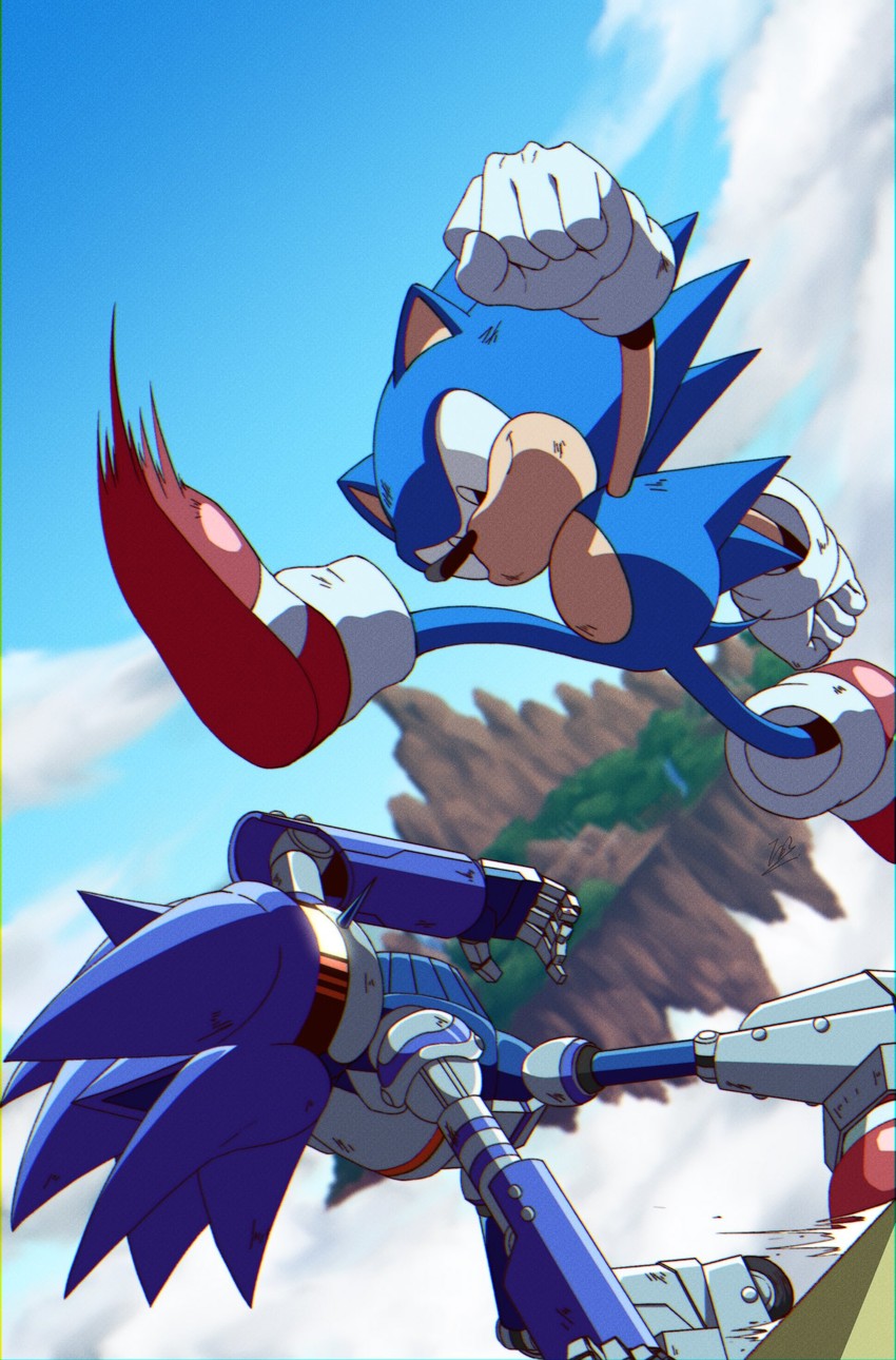 sonic the hedgehog, classic sonic, and mecha sonic mkii (sonic and 2 more) drawn by banel_springer