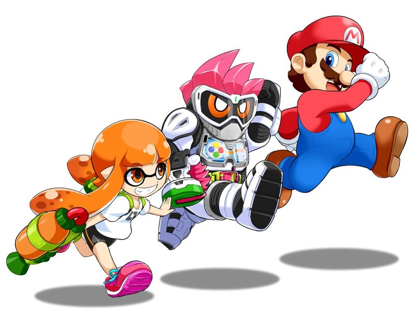 inkling player character, inkling girl, mario, and kamen rider ex-aid (splatoon and 4 more) drawn by konpeto