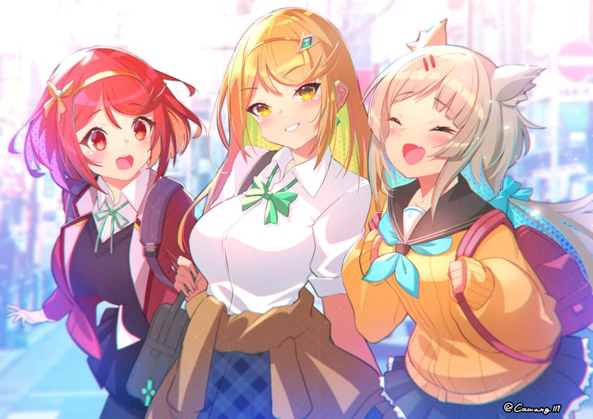 pyra, mythra, and nia (xenoblade chronicles and 1 more) drawn by cawang