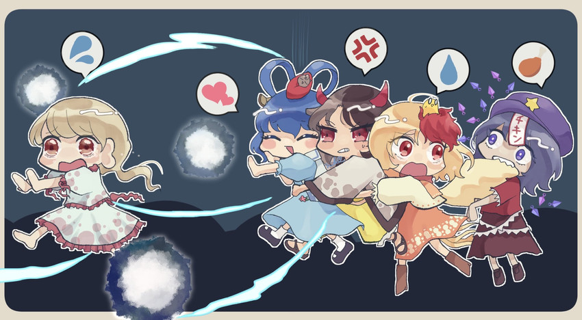 kaku seiga, miyako yoshika, niwatari kutaka, ushizaki urumi, and ebisu eika (touhou) drawn by geminico