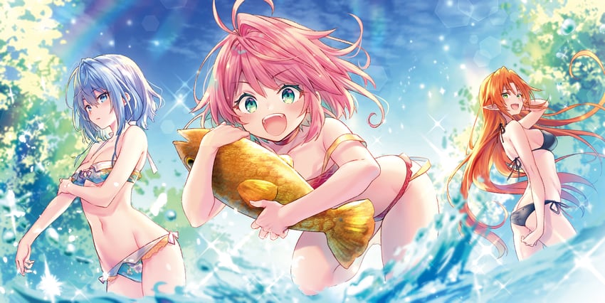 retinoa, eve, and rena (d-kyuu boukensha no ore nazeka yuusha party ni kanyuu sareta ageku oujo ni tsukimatowareteru) drawn by riichu