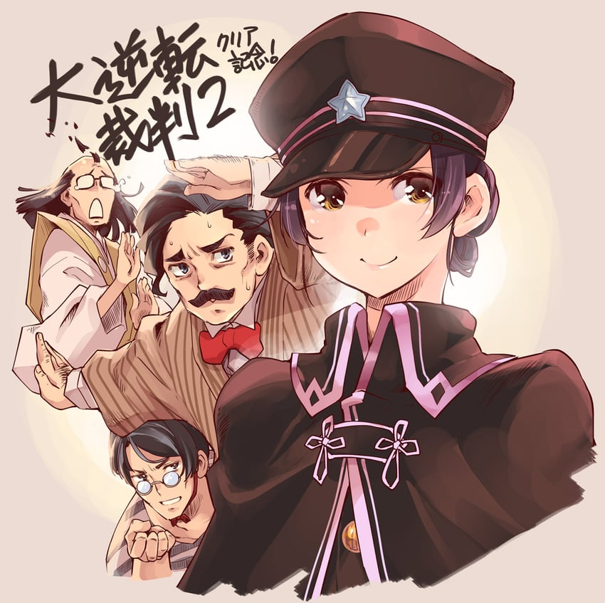 susato mikotoba, ryutaro naruhodo, soseki natsume, satoru hosonaga, and taketsuchi auchi (ace attorney and 2 more) drawn by thomasz
