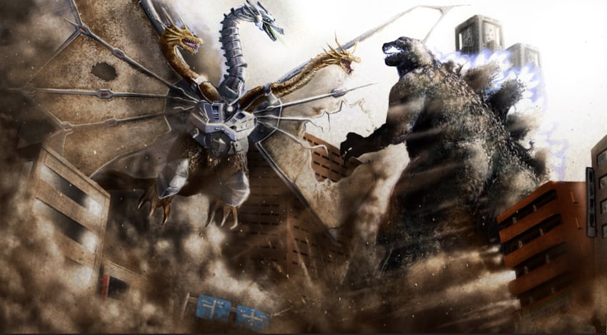 godzilla, king ghidorah, and mecha-king ghidorah (godzilla and 1 more) drawn by hiromumaru