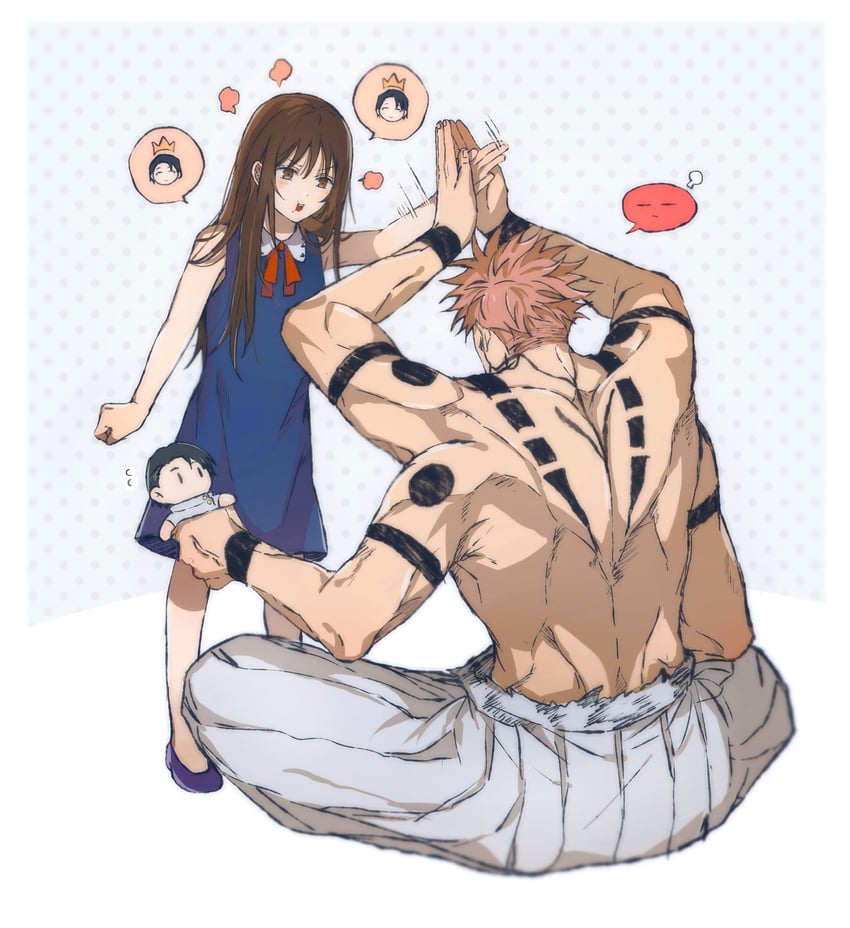 ryoumen sukuna, okkotsu yuuta, and orimoto rika (jujutsu kaisen) drawn by yoon_(dmsco1803)